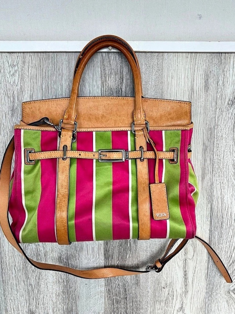 Tumi Hot Pink & Lime Green Striped Purse Crossbody Hand Bag Leather Y2K Whimsy